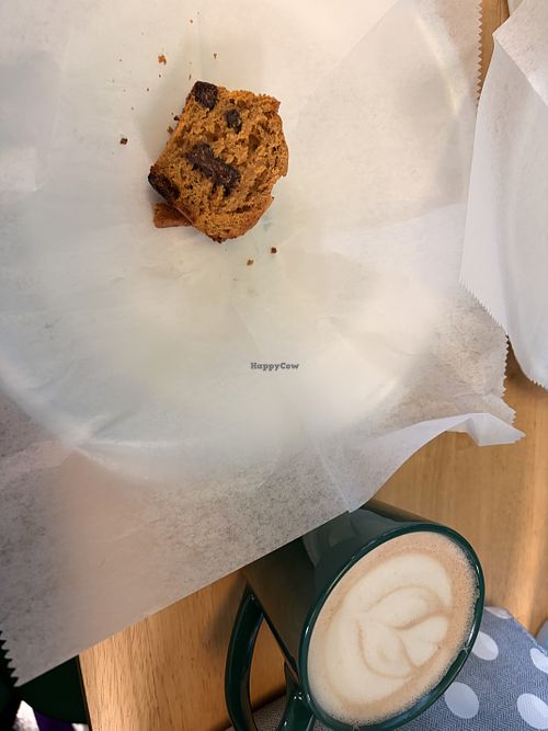 Terrible picture but 1/2 of my warmed pumpkin chocolate muffin & 12oz hot chocolate  at Bean Traders in Durham