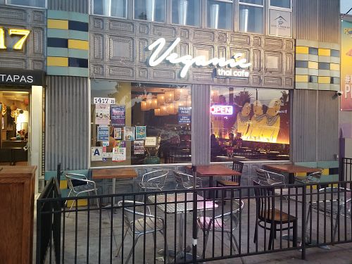 outside at Veganic Thai Cafe in San Diego