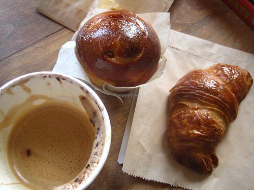 Coffee, vegan pastry, cornetto. Everything was delicious.   at Cafe Dei Campi in Montreal