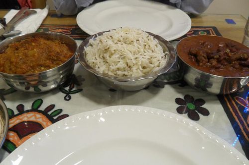Mains: Ringan no-oro (aubergine), Onion Jeera Rice, Kidney Bean Saak at Vegetarian Food Studio in Cardiff