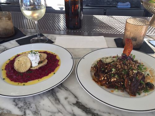 Beet risotto with ";potato scallops"; and maitake mushrooms with farro - really good! at Kindred in San Diego