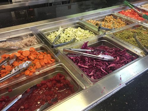 Salad bar toppings at ChickPeas Kitchen in Davis