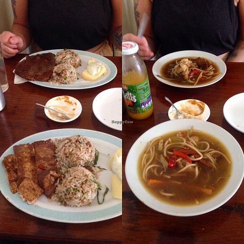 The set menu.
Left: The main course. Tofu/seitan with rice (filled with onion, green pepper, and little pieces of seitan), and potato with soy-based mayo.
Right: Soup starter. Noodles and vegetable with pieces of seitan. at Govinda in Arica