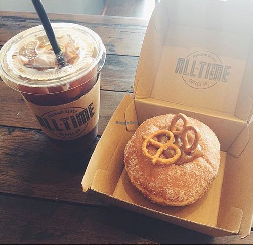 iced Americano and salted caramel donut  at All-Time Coffee Co in Mermaid Beach