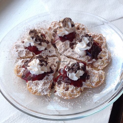 Vegan waffle with cherry, cream and chocolate at Koffie Engel at Koffie Engel in Berlin