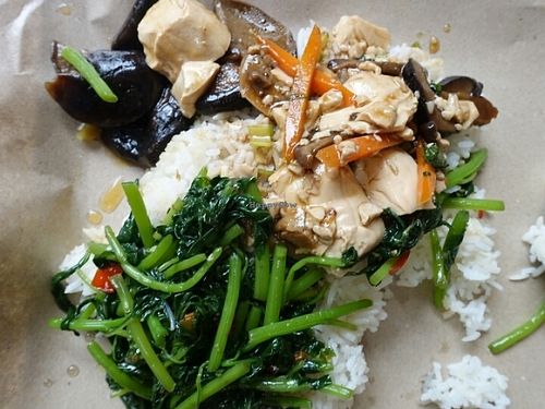 mixed rice - spinach,  tofu and mushroom at Mi Le Vegetarian 弥乐素食 in Central Singapore