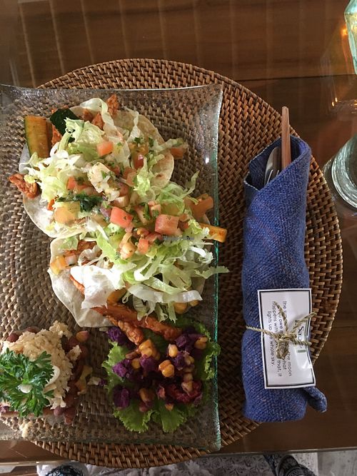 Tempeh tacos with chipotle cream sauce. Comes with a side of rice and beans and a corn and ube (?) salad. Cutlery comes with a cute inspirational card. at Sage in Ubud
