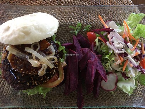 Hula burger: purple sweet potato fries, side salad, kitcheree burger patty topped with teriyaki sauce, caramelized onions, vegan mayo, tomato and lettuce. at Sage in Ubud