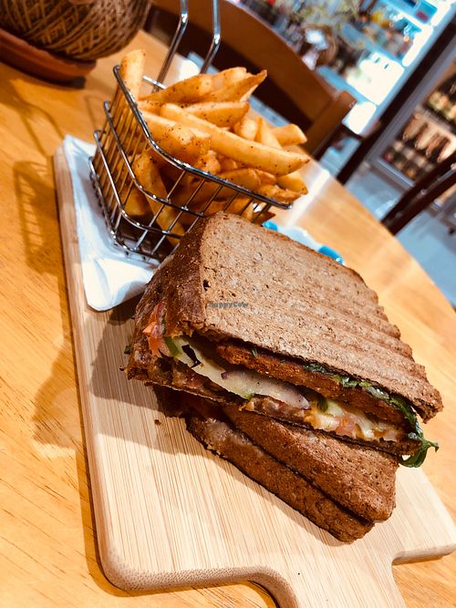 Beautiful vegan Stake sandwich created by Plant Based in Palm Cove.  The Cafe food is so delicious and coffee on point. at The Healthy Hub in Cairns