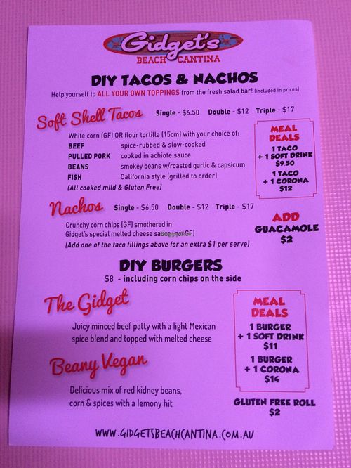 Their menu at Gidget's Beach Cantina in Cowes