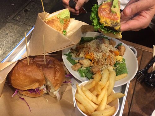 chicken burger + cheese burger, salad and fries ❤️ at Ain Soph.Ripple Kabukicho in Tokyo