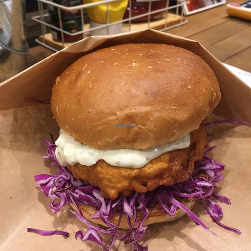 crispy chicken burger. so. good. at Ain Soph.Ripple Kabukicho in Tokyo