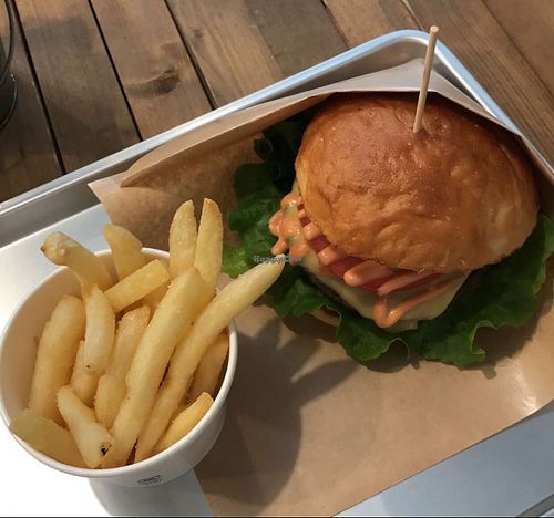 Cheeseburger and fries! at Ain Soph.Ripple Kabukicho in Tokyo