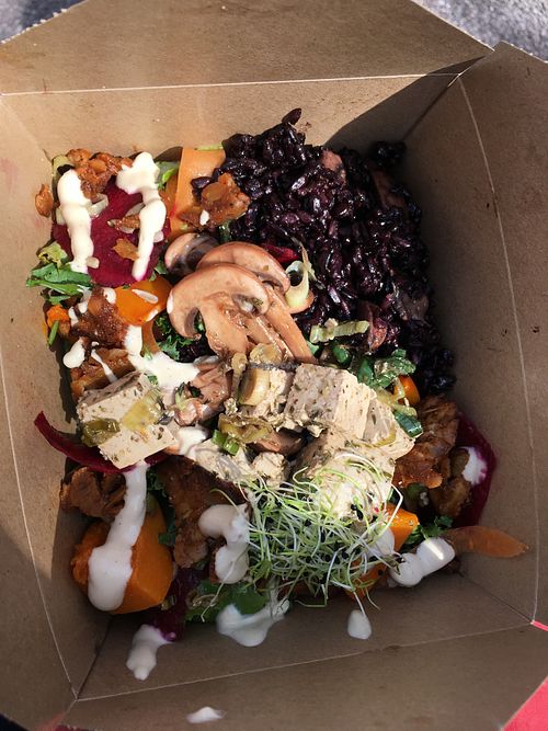 Portobello bowl (take-way) : black rice, tofu, marinated mushrooms, avocado, salad, seeds, tempeh bacon. Delicious!  at Paper Plane in Nice