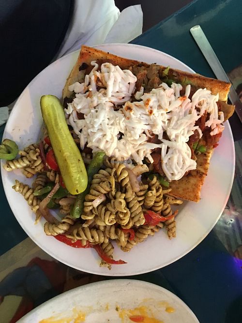 Vegan grinder with pasta salad at Pick Me Up Cafe in Chicago