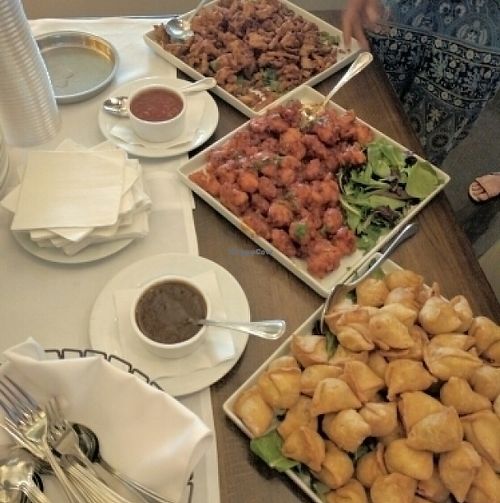 Plates of Pakora, Samosa, and Gobi at Moksha in Bellevue