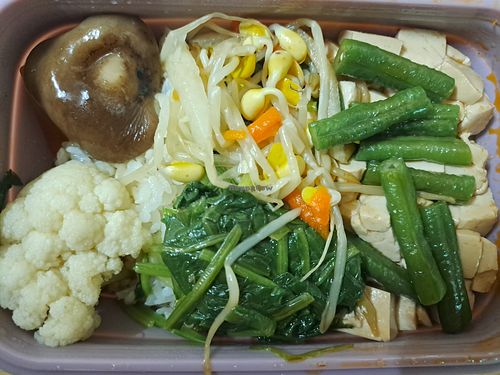 Vegan mapo tofu with rice and veggies (bought as takeout) at MíngYuán SùShí Fāng 明園素食坊 in Hualien