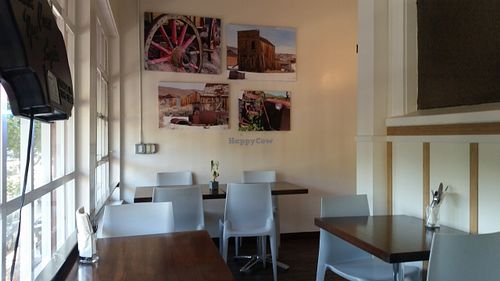 Some of the tables face out onto J Street; the room is very pleasant. at Veg Cafe in Sacramento