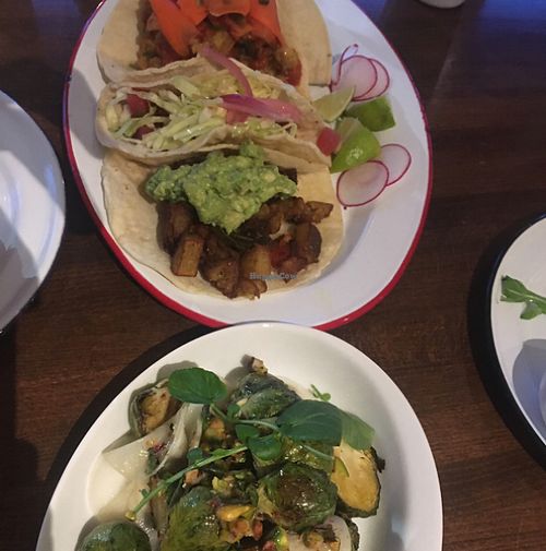 tacos and brussel sprouts  at Veg Cafe in Sacramento