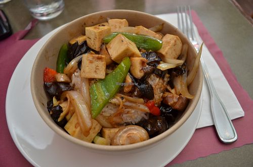 This dish was included in the daily menu: vegetables and tofu in a sweet soy sauce over rice.  at Thai Basil Restaurant in Sacramento