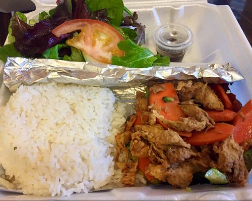 Vegan Chick'n w/vegetables, rice and salad  at Nibi Pho Bistro in Commerce