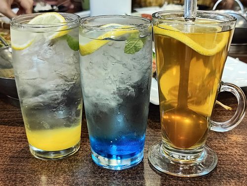 Mango squash, ocean blue and hot lemon tea.  at De Loving Heart in 