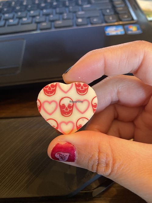 Candied pistachio white chocolate heart 😛 LOVE 💗   at Vegan Treats Bakery in Bethlehem