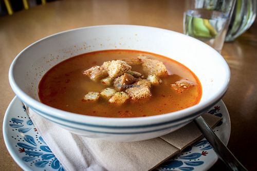 garlic soup with croutons at Made with Laf in Bratislava