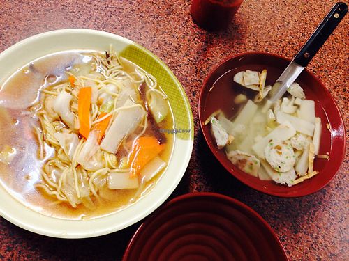 noodle soup + veggie 'meatballs' in a soup at Shan Hu in Sun Moon Lake