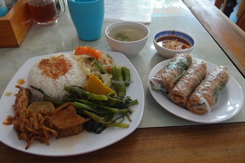 Standard lunch rice plate, with spring rolls at Bach Thao in Can Tho