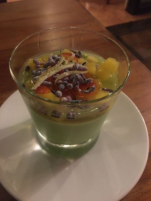 coconut and pandan panna cotta, with mango and crispy rice at Khaiphaen in Luang Prabang
