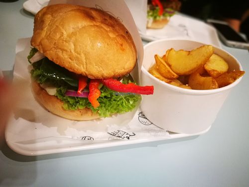 Seutan burger and fries at Krowarzywa in Krakow