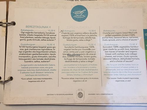 Menu at Gustu Bilbao in Bilbao