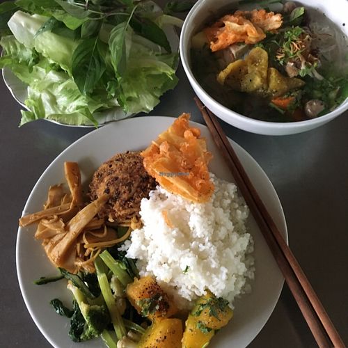 Yum vegan lunch, 20000 dong per person at Da Lat Market in Da Lat