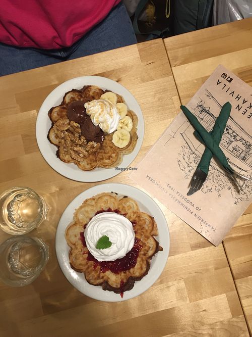 Chocolate ice cream-banana-whipped cream-walnut and raspberry jam-whipped cream at Vohvelikahvila in Tampere