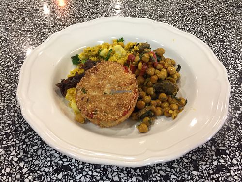 sesame seed coated tofu pattie and two salads at Let Them Eat - Central Market in Adelaide