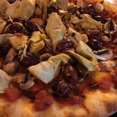 veggie pizza sauce, mushrooms, artichokes, kalamata olives, no cheese at Blue Highway Pizza in Ocala