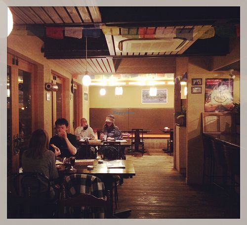 The dining area has an amazing view of the river at Om Ganeza in Gero