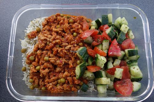 Vegan "Polo Soy Pea Menu" (dill basmati rice, thin strips of soy meat, accompanied by Shirasi salad)  at Philo Cafe in Saarbrucken