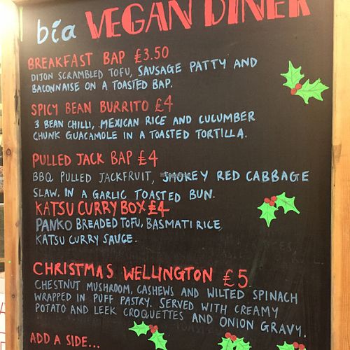 Xmas menu.  at Bia Kitchen Vegan Diner - Food Stall in Norwich