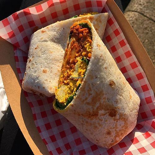 Bia Kitchens 'brunch wrap',  consists of spinach, scrambled tofu, sweet potato hash and home smoked beans. 10/10 SO tasty. at Bia Kitchen Vegan Diner - Food Stall in Norwich