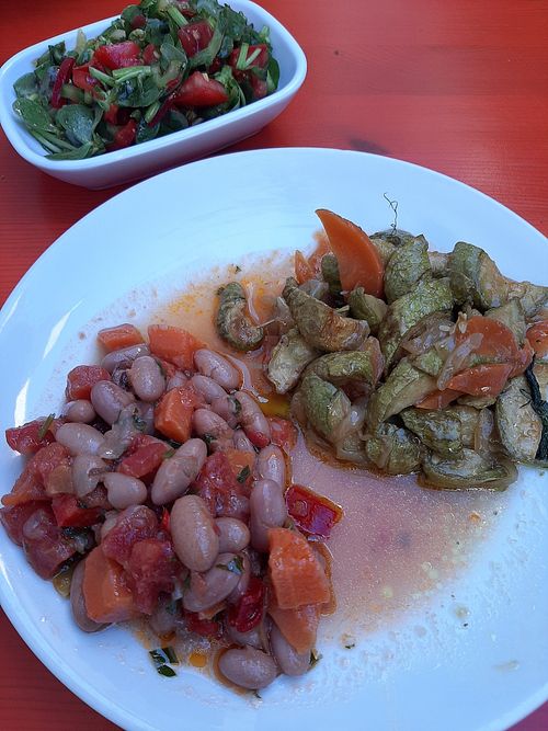 Beans with tomatoes and marrow with carrots. And a salad at Sardunya in Canakkale