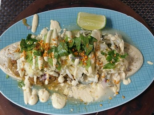 huarache with peppers and seitan at Charly's Vegan Tacos - Food Truck in Tulum