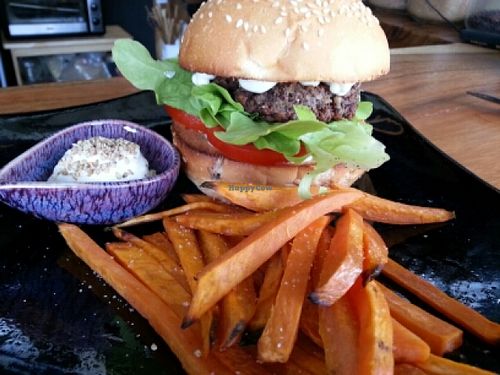 burger with sweet potato fries at Yogi Cafe - Zen Retreat in Koh Samui