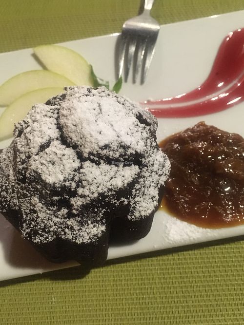 Dark chocolate muffin with strawberry-mint heart  at Fior di Cucuzza in Matera