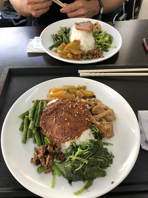 rice with vegetables, mushrooms and vegan meat at Fou Shi Yuan in Tainan