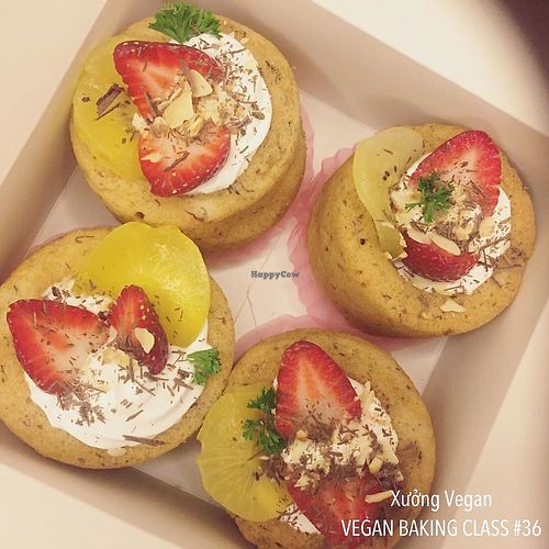 yummy vegan cakes with HOMEMADE aquafaba cream (they use ZERO industrial whip cream) at Xuong Vegan - Atelier Vegan in Hanoi