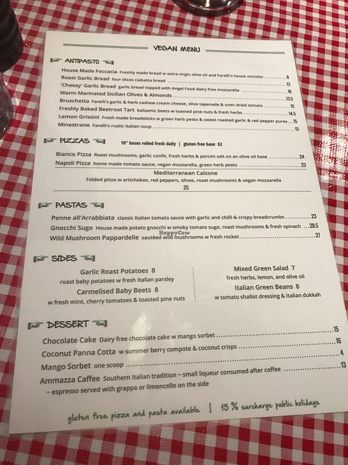 Vegan menu at Farelli's Trattoria in Queenstown