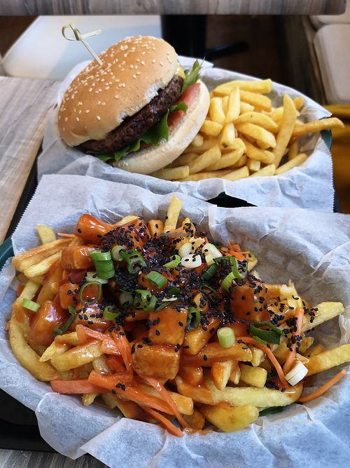 Irn Bru tofu and a burger. Both delicious! at Orinoco Vegan York in York