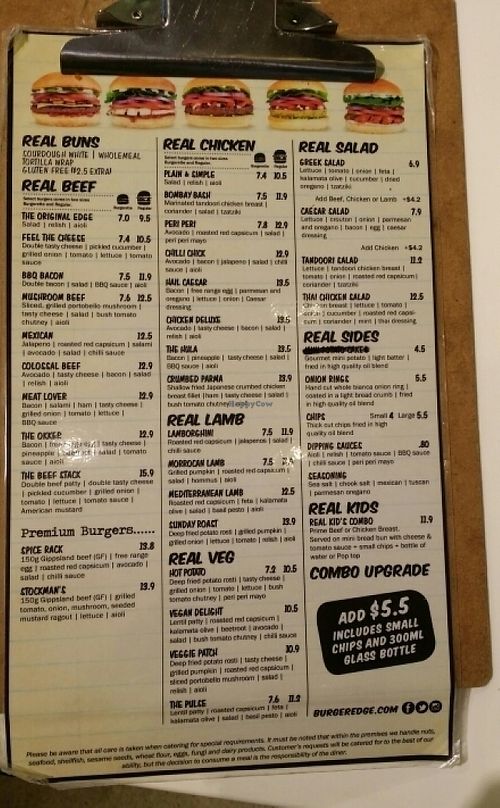 clipboard menu at Burger Edge - Indooroopilly in Brisbane